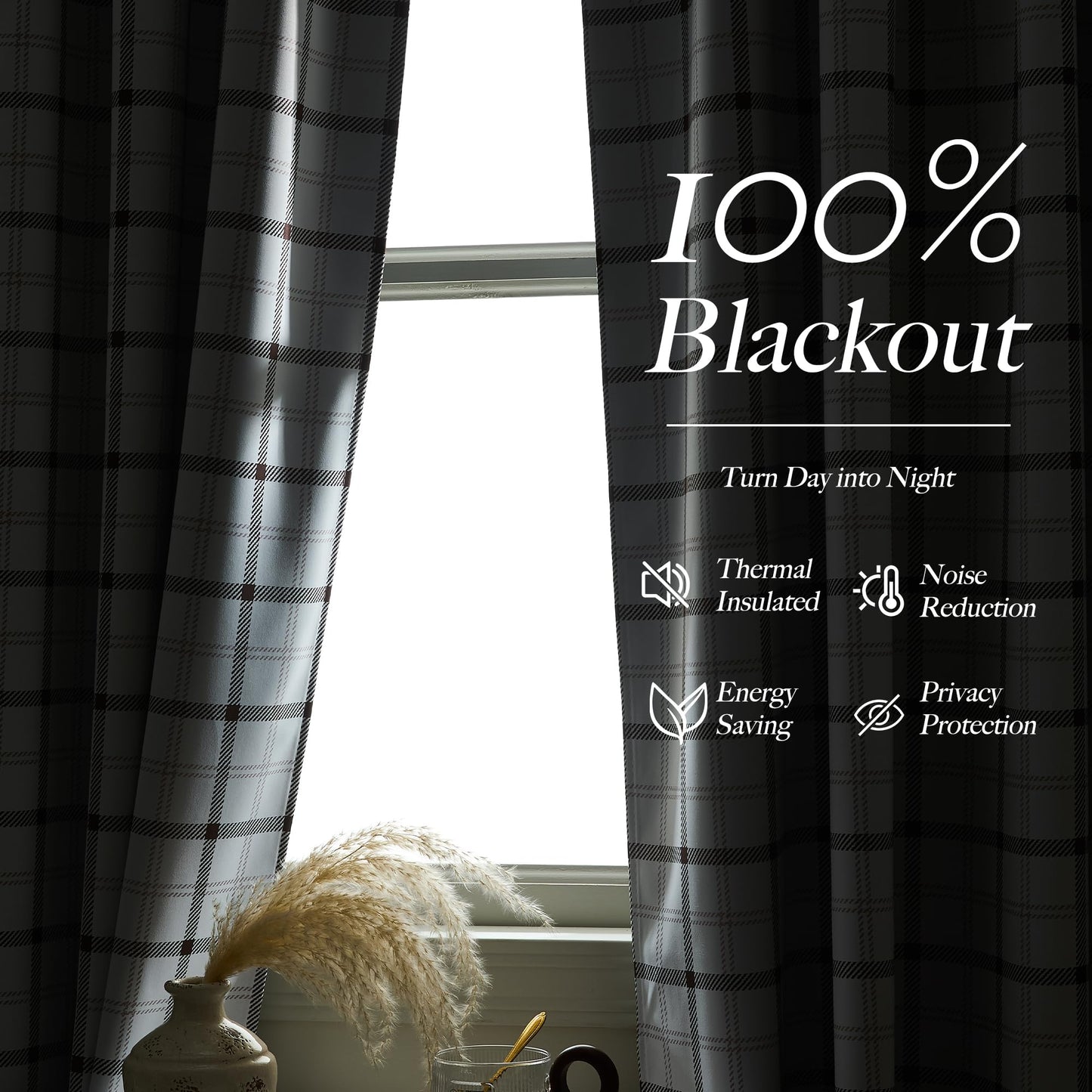 NICETOWN White Buffalo Windowpane Plaid Cafe 100% Blackout Curtains 36 Inch Length, Farmhouse Rustic Checkered Half Window Tier Curtain for Kitchen Bathroom, 26" W x 36" L, 2 Panels