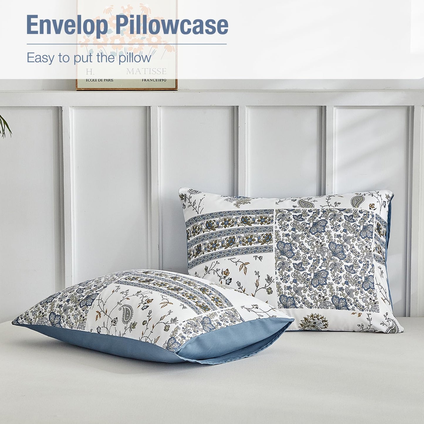 Lekesky Queen Size Duvet Cover Set, Patchwork Floral 3 Pieces Reversible Blue Paisley Duvet Cover Set, Ultra-Soft Microfiber 3 Pieces Comforter Cover with Zipper, Includes 2 Pillowcases