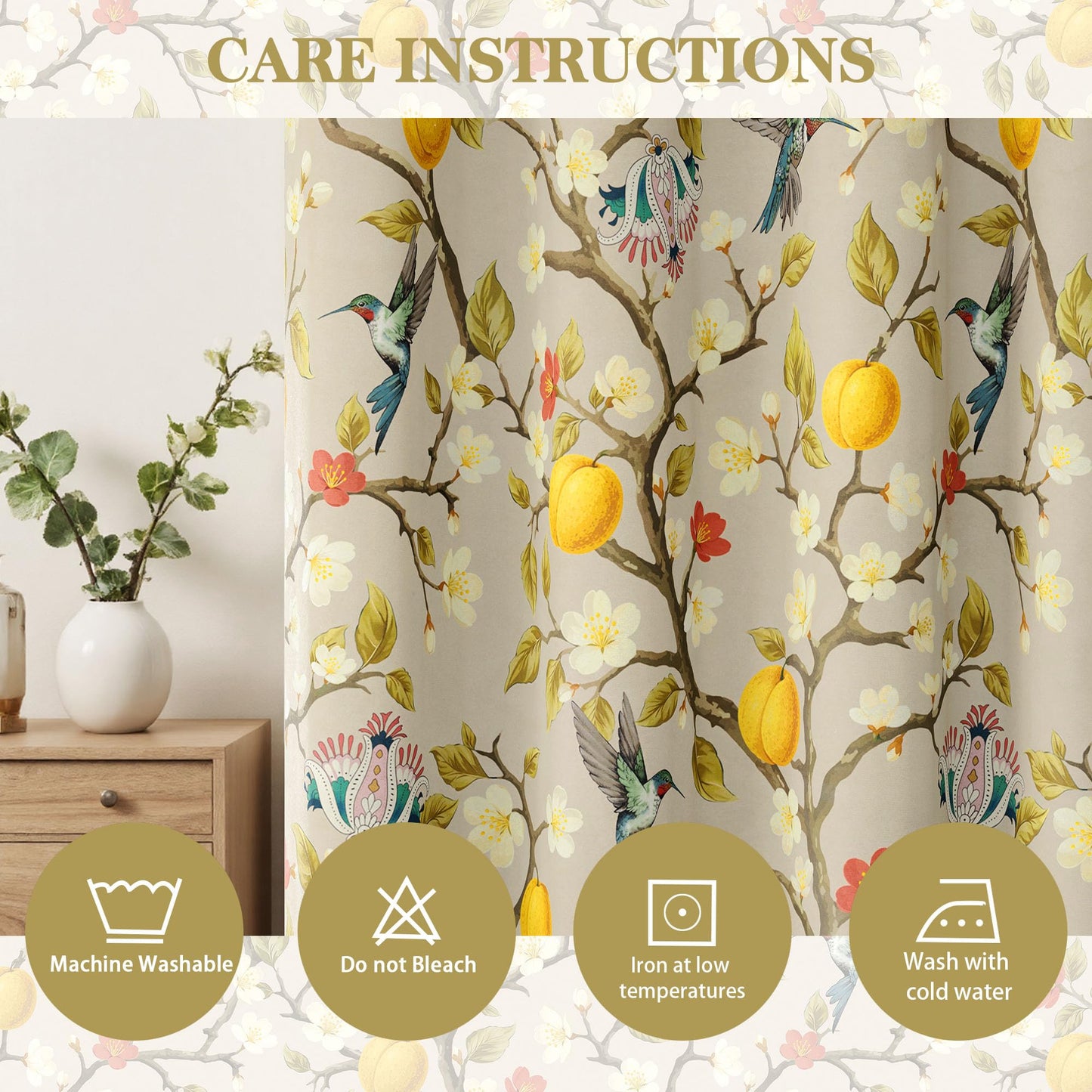 Floral Curtains 100% Blackout, Vintage Hummingbird Black Out Curtain 84 Inches Long, Patterned Thermal Insulated Window Drapes 2 Panels, Grommet Room Darkening Curtains for Living Room Bedroom, Khaki