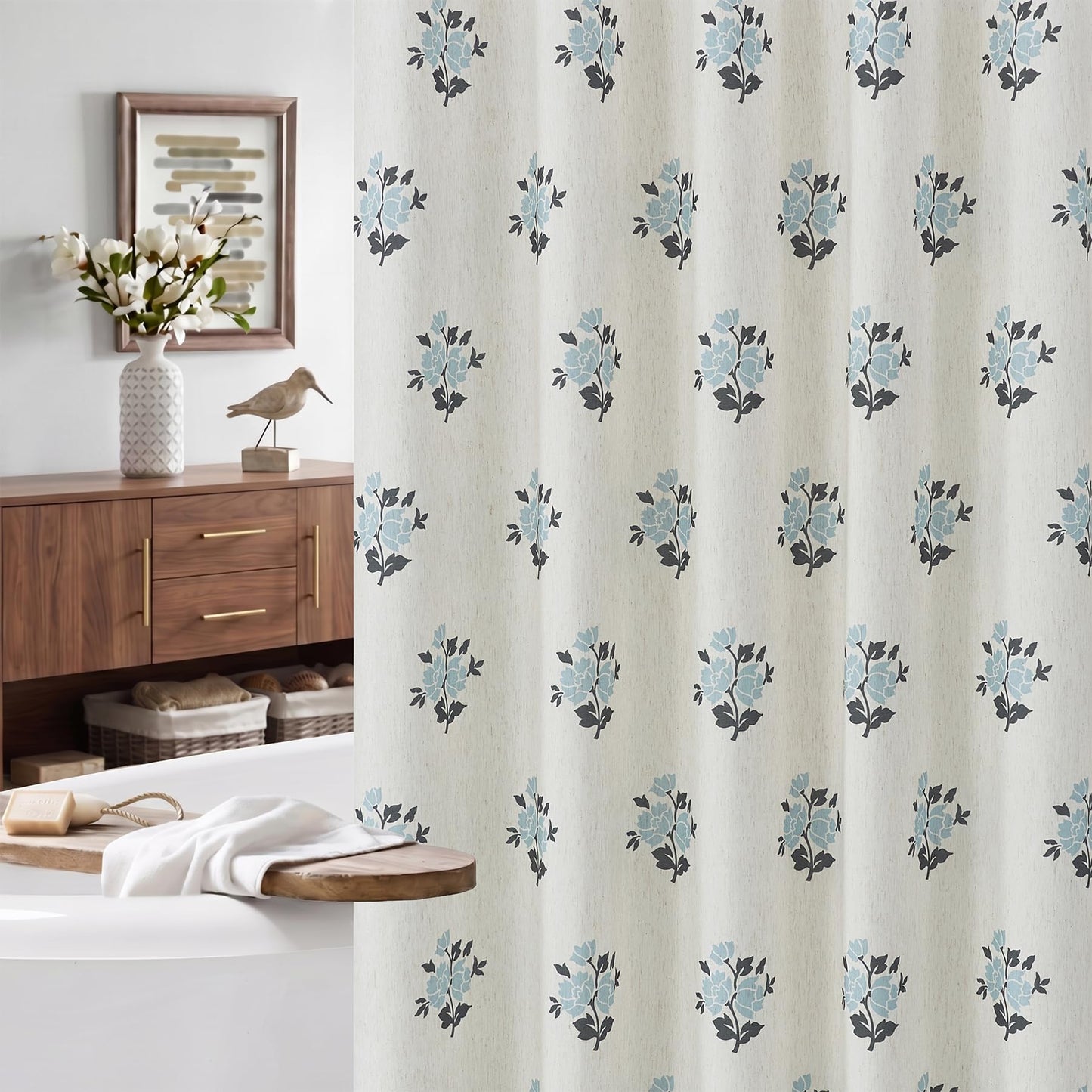 ORTIGIA Linen Blue Shower Curtains for Bathroom Boho Farmhouse Block Print Shower Curtain Set with Metal Hooks Floral Waterproof Aesthetic Rustic Fabric Bath Curtain for Home, Weighted, 72x72