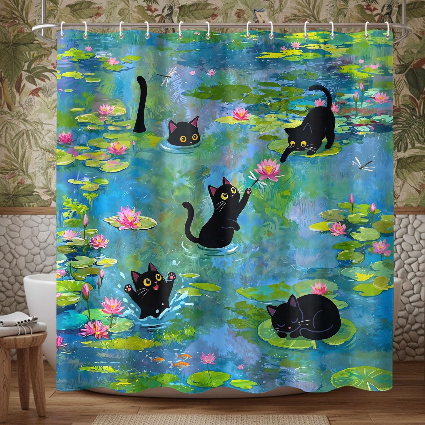 Haibimen Funny Black Cats Shower Curtain Sest Lily Pond Shower Curtain for Bathroom Waterproof Cute Cartoon Flower Nature Bathroom Decor Polyester Fabric 72 x 72 inch with Hooks (Green 1)