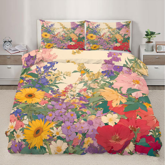 QINYUN Colorful Floral Duvet Cover King Size, Rustic Wildflower Daisy Bedding Set 3 Piece Bedroom Decor Weed Leave Patterned Comforter Cover with Zipper Ties & 2 Pillowcases
