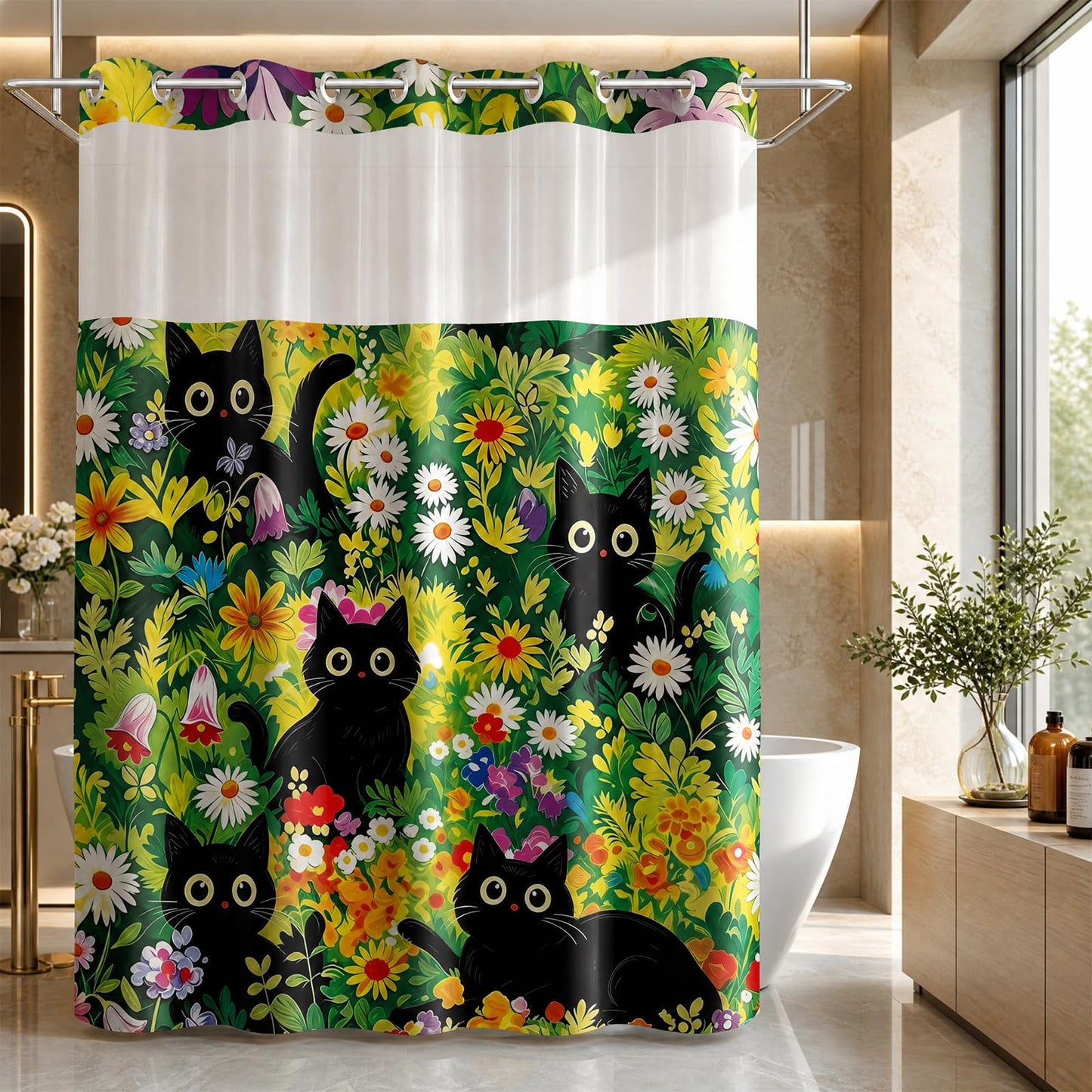 VISSTREE No Hook Shower Curtain and Liner Set, Black Cat Shower Curtain