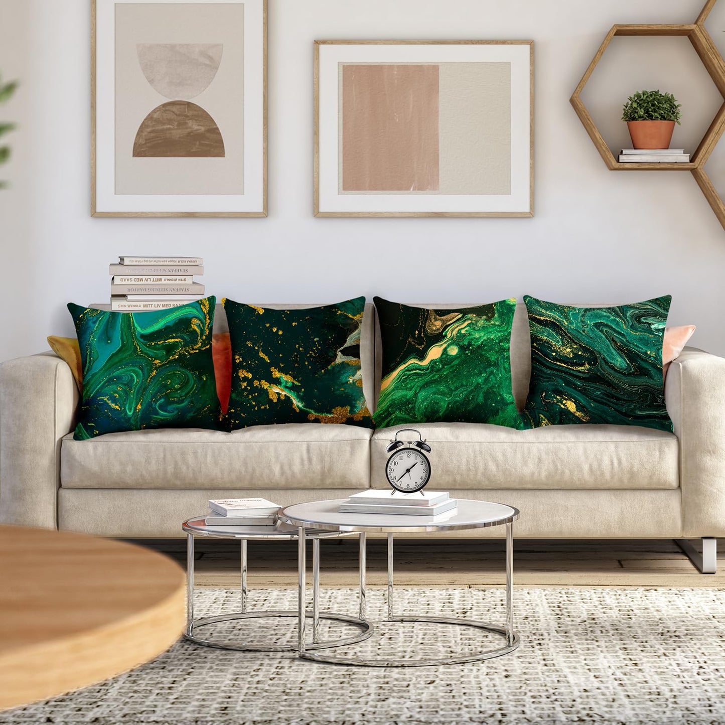 LOHDALOLF Emerald Green Gold Throw Pillow Covers 18x18 inch Set of 4 Abstract Pillow Cases Modern Decorative Cushion Covers for Sofa Couch