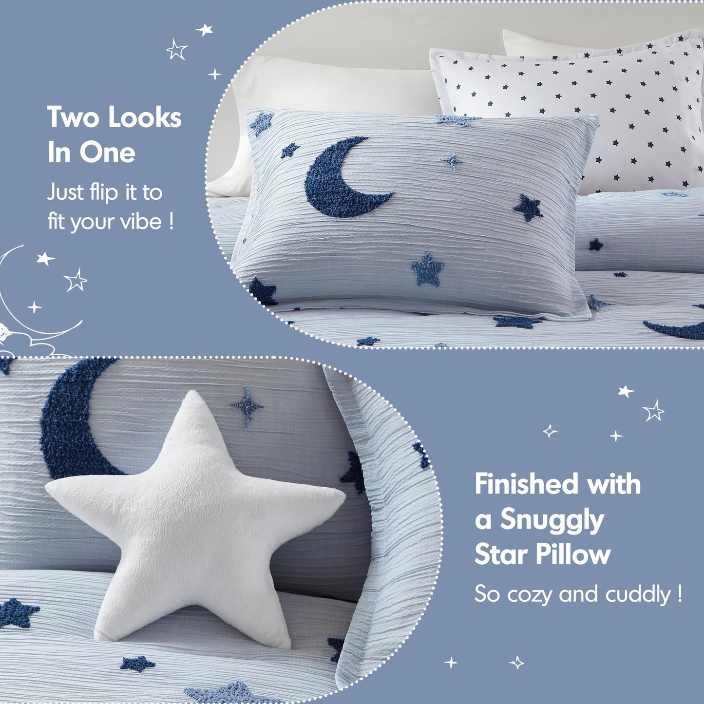 Intelligent Design Kids Cosmos Twin Size Comforter Set – Blue Star and Moon Tufted Chenille, Reversible 3-Piece Bedding with Star Pillow