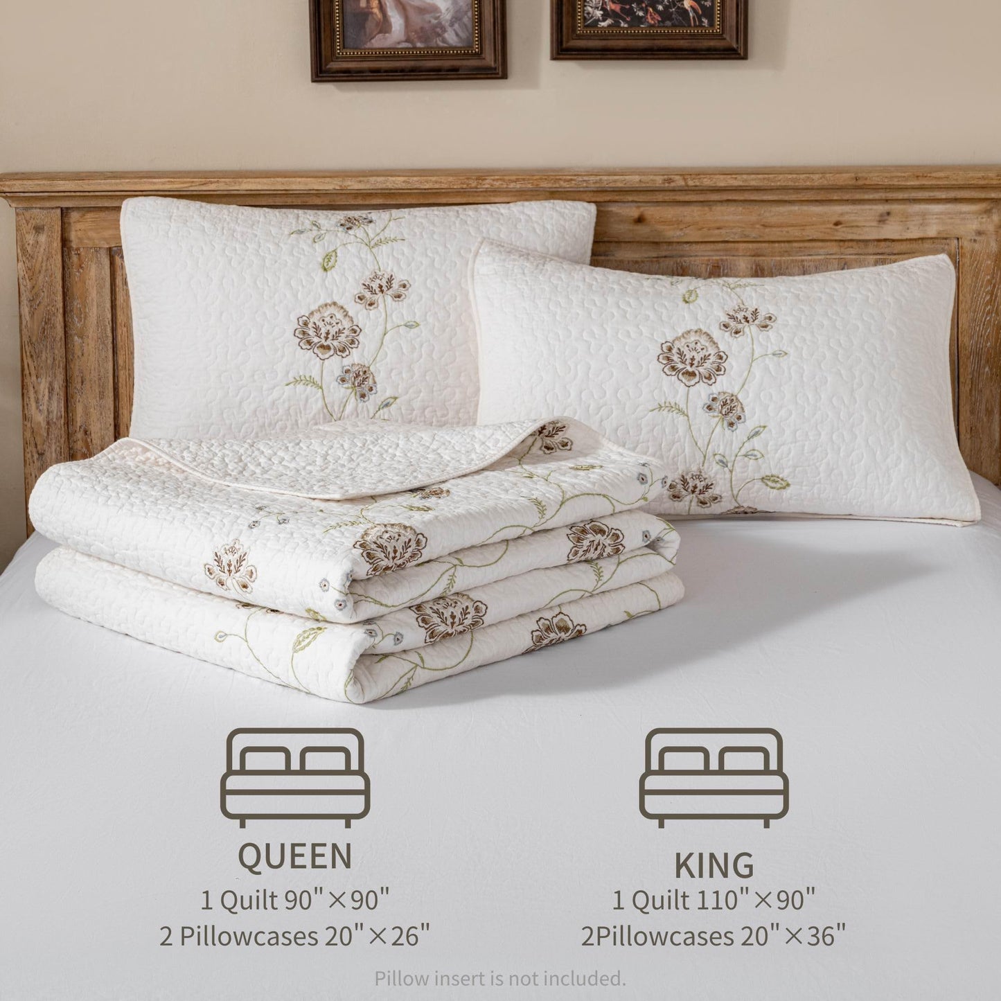 meadow park Embroidery Quilt Set 3-Piece Prewashed. 100% Cotton. Embroidery and Allover Quilting. Queen Size Bed Spread. Ivory Color.