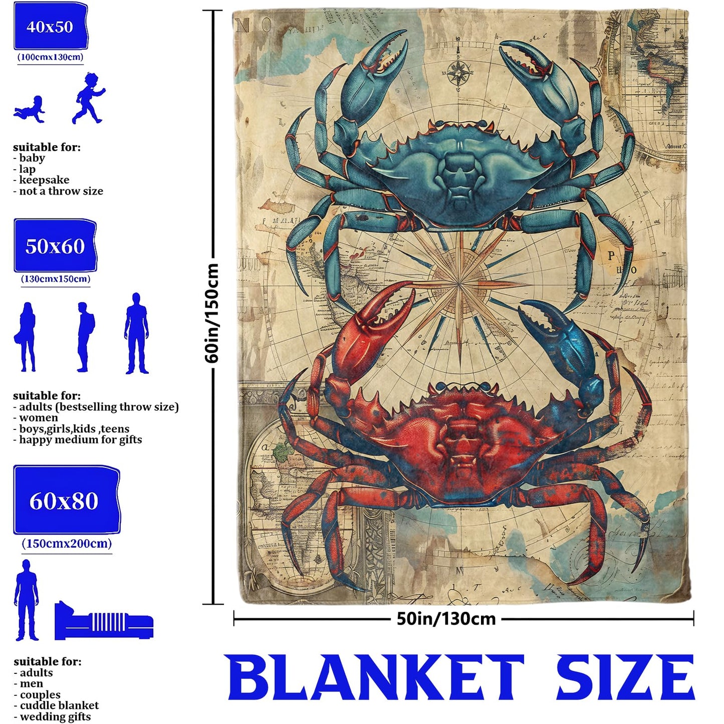 Nautical Crab Throw Blanket for Boys Girls Kids Adults Women, Fuzzy Warm Soft Cozy Flannel Blankets Gifts for Bedroom, Couch, Travel, Home Decor 50x60 in