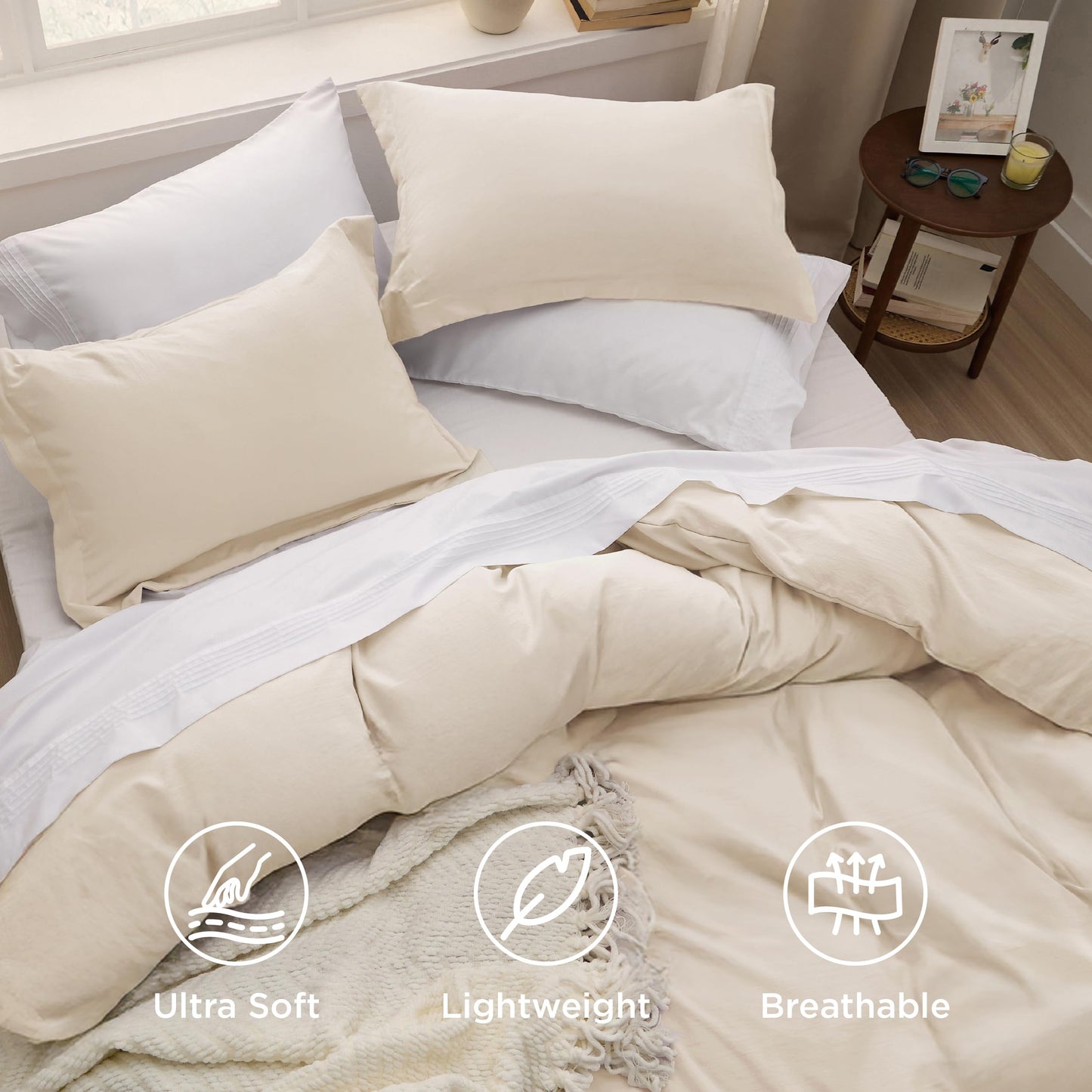 Bedsure Cream Duvet Cover Queen Size - 3 Pieces Prewashed Cotton-Like Polyester Extra Soft Bedding Set, Includes 1 Duvet Cover 90x90 Inches with Zipper Closure & 2 Pillow Shams, No Comforter