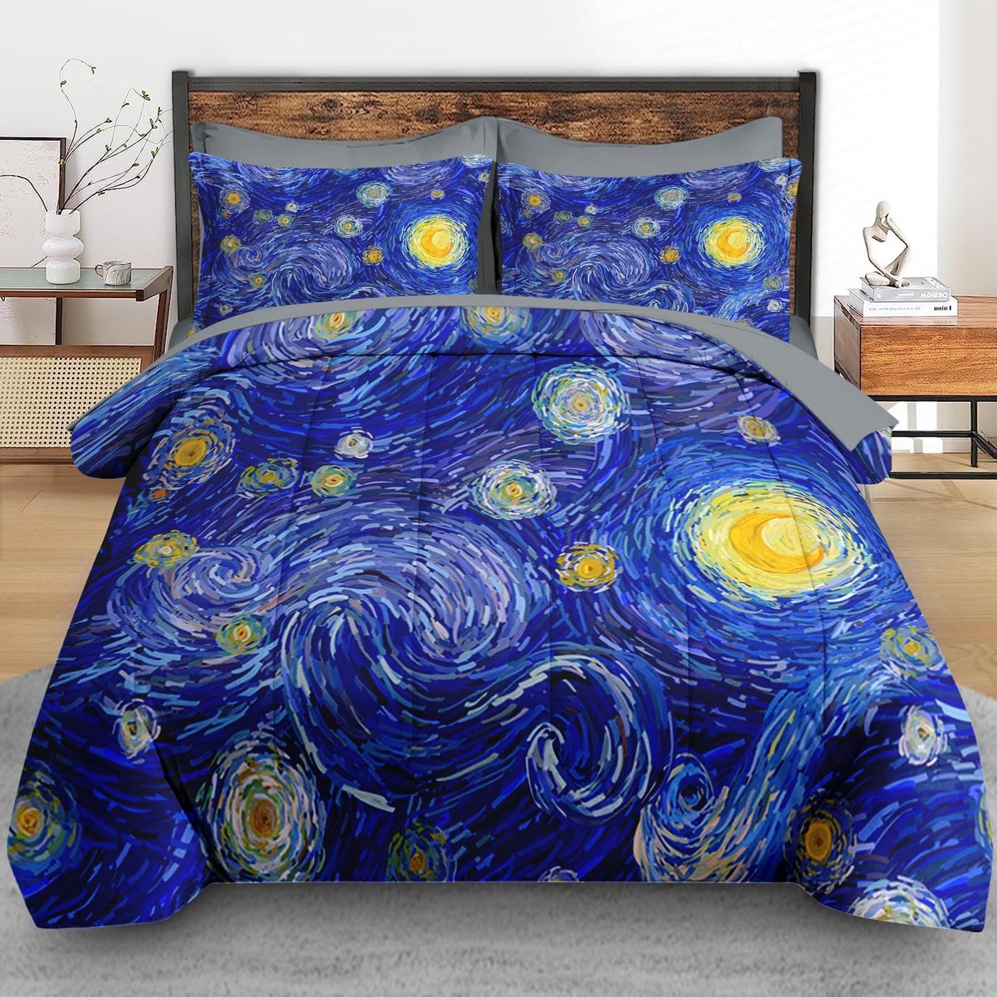 Pamnest Comforter Set Queen Size, Moon Starry Night 7 Pcs Bedding for Kids and Adults, Blue Modern Star Sky Art Bed Sheet Sets with Fitted Sheet 2 Pillowcase & 2 Sham for Bedroom Bed Decor