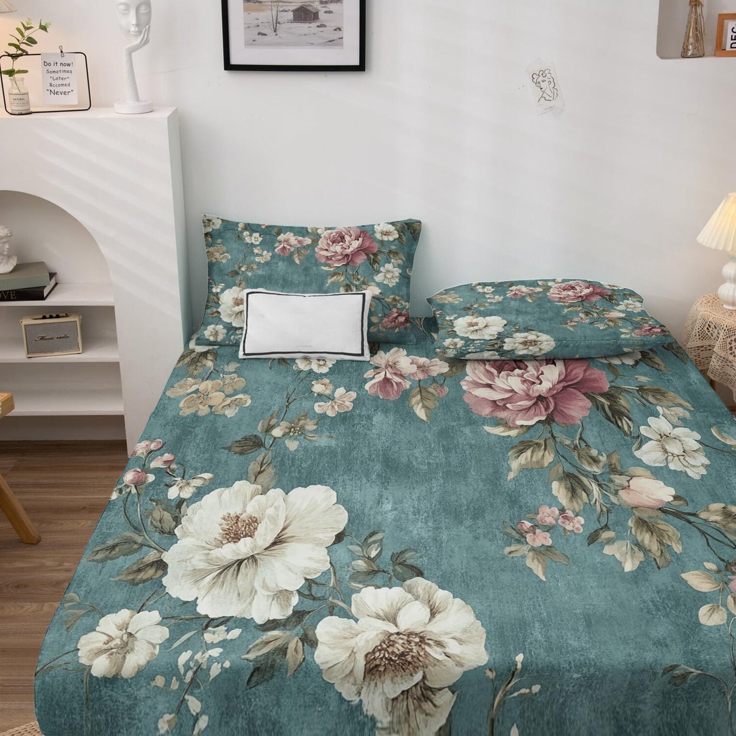 NOGAWA Rustic Flower Sheets Queen, Floral Blue Bed Sheets, Deep Pocket & Soft Microfiber Bedding Sheets & Pillowcases 4 Piece - Fitted Sheet & Flat Sheet & 2 Pillow Cases