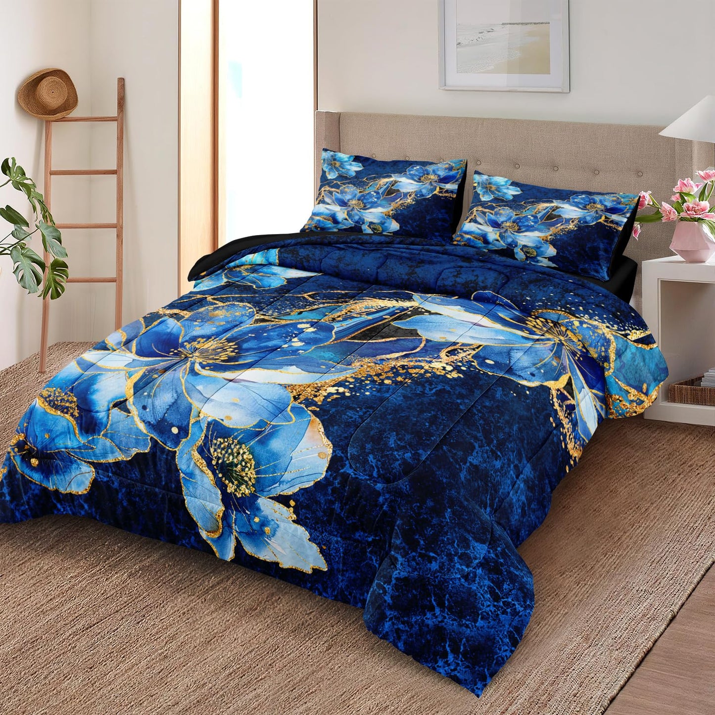 Bedorm Blue Marble Comforter Set Queen Floral Bedding Set Blue and Black Marble Stone Natural Texture Abstract Bedroom Comforter Set with Marble Pillowcases