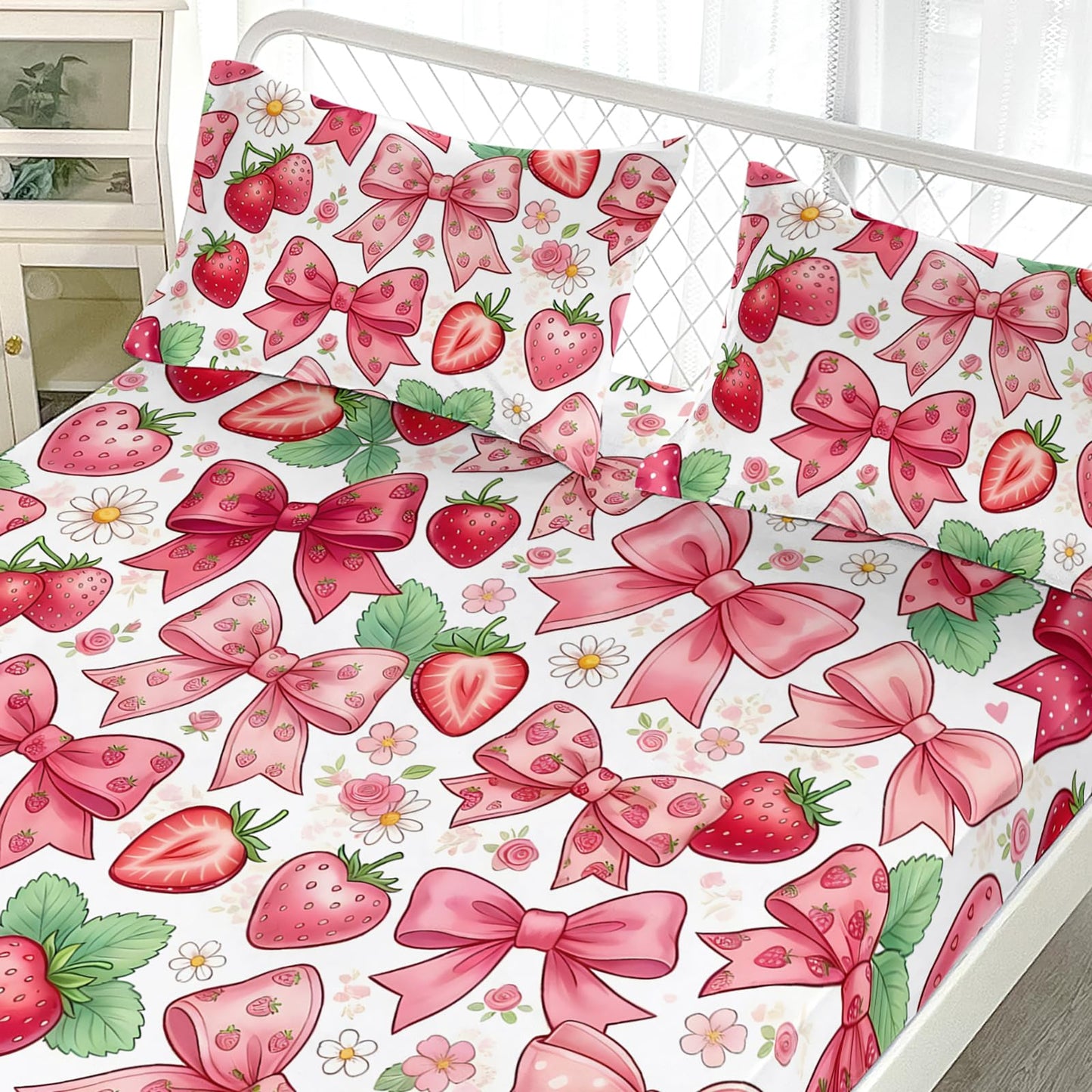 AILONEN Strawberry Bow Twin Fitted Sheet Set, 3 Piece Microfiber Bedding Pack with 2 Pillowcases, 16 Inch Deep Pocket, Pink Fruit Room Style