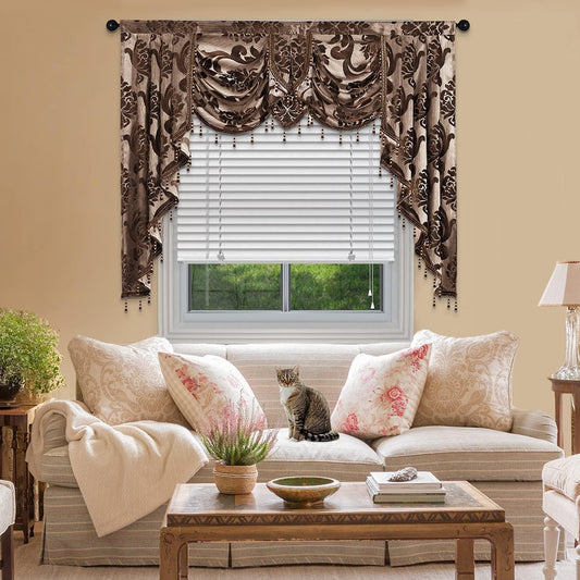 NAPEARL Window Valances for Living Room, Jacquard Damask Luxury Valance Curtains for Windows, Chocolate Brown Rod Pocket Waterfall Valance with Swags, 61-Inch Wide