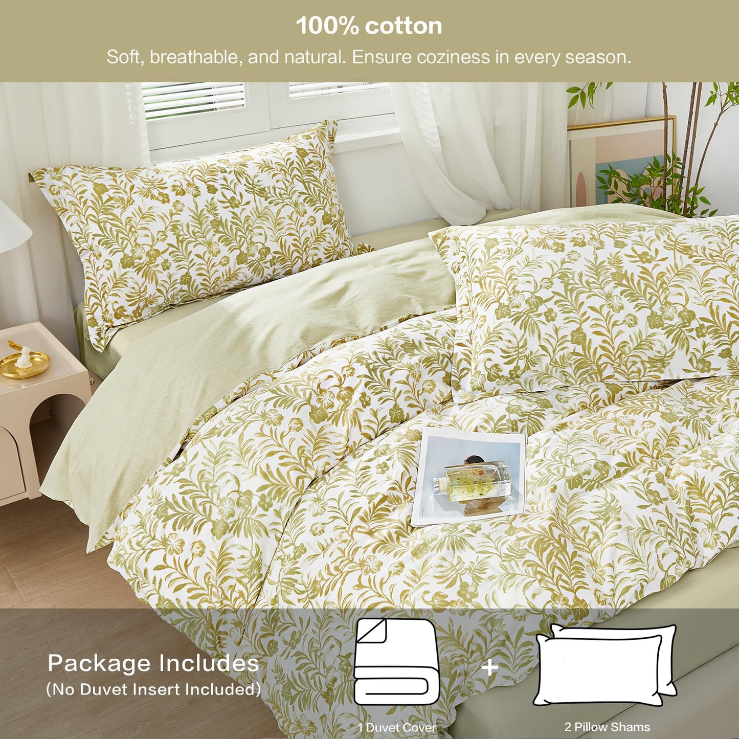 SAPHREAS Full Size Yellow Leaves Pattern Duvet Cover Set 3pcs 100% Cotton Soft Leaf Bedding Comforter Cover Set 1 Duvet Cover 2 Pillow Shams, Comforter Not Included