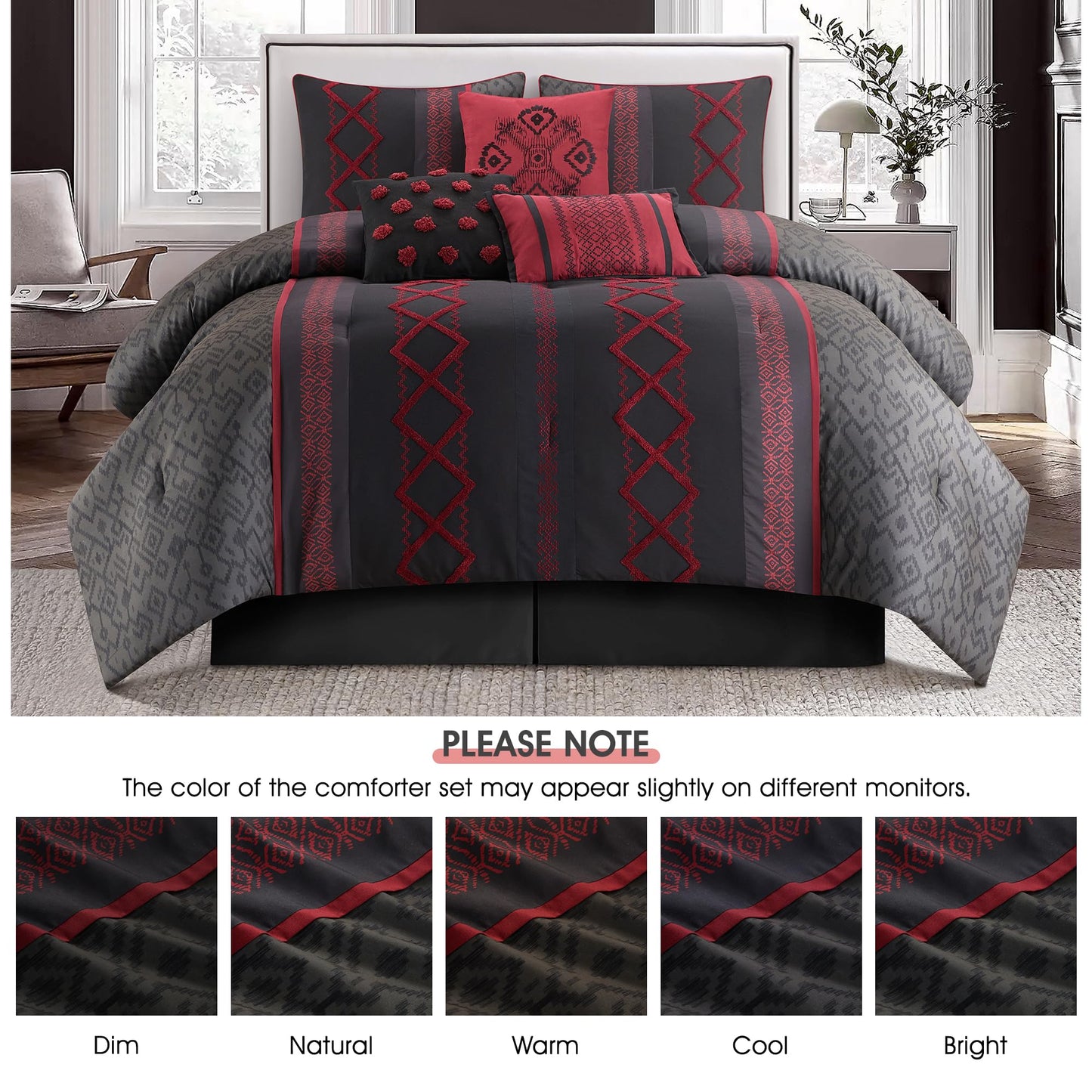 LANCO MODERN LIFESTYLE Black Red Queen Comforter Set, 7 Pieces All Season Bedding Sets in a Bag with Geometric Terry Embroidered Comforter, Bed Skirt, Pillow Shams and Decorative Pillows