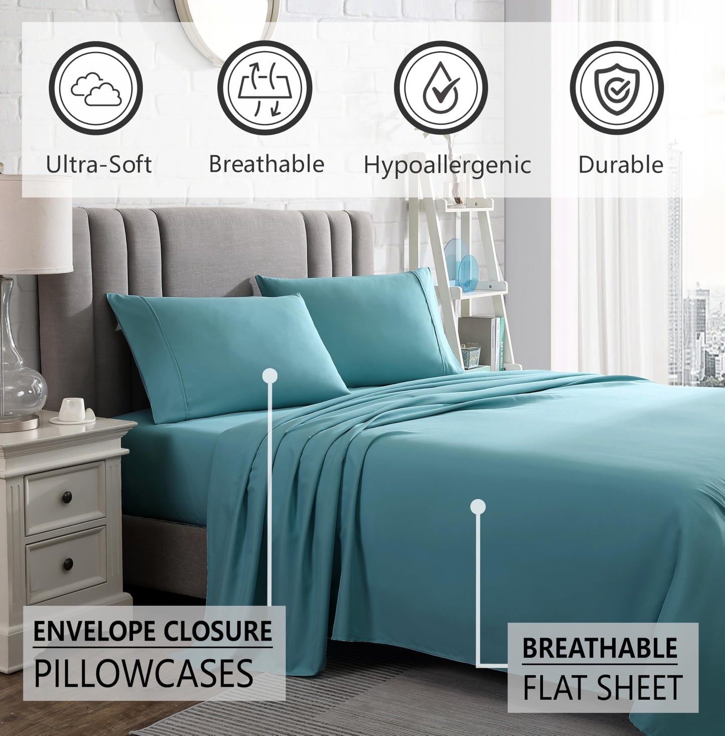 American Home Collection Full Size Sheet Set - Ultra-Soft Microfiber 15-Inch Deep Pocket - Wrinkle Free and Fade Resistant (Aqua Blue)