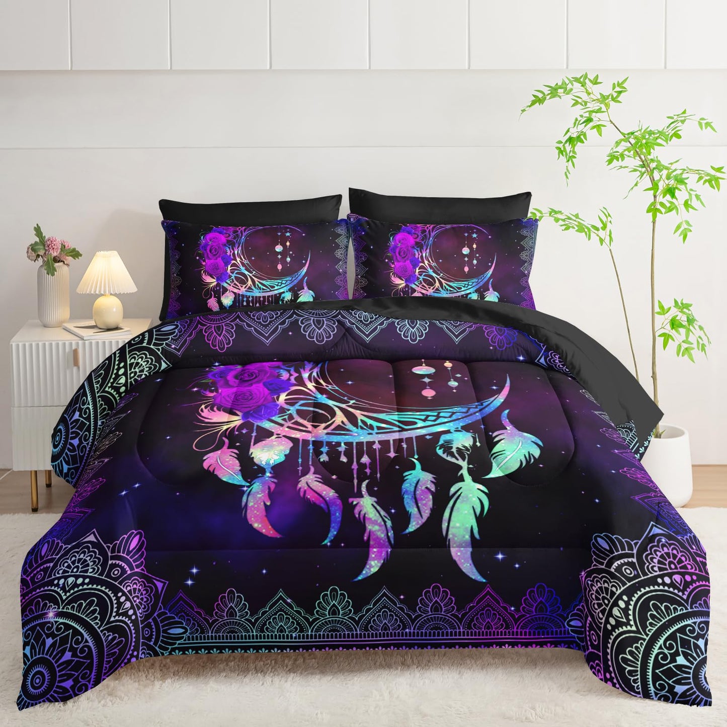 AILONEN Moon Dream Catcher Comforter Set - 7Pcs Soft Queen Size Bed in a Bag - Neon Mandala Boho Comforter,Fitted Sheet,Flat Sheet,2 Pillowcases,2 Pillow Shams for Room Decor