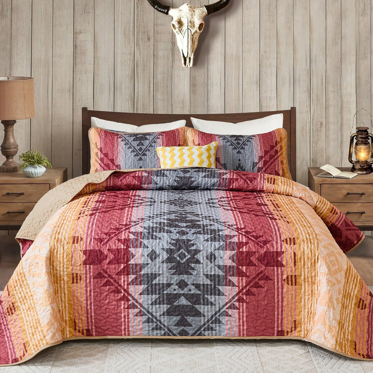 Dintszyayue Red Boho Quilt Set King,3 Pieces Aztec Texture Bedspread Western Quilt Set,Soft Reversible Lightweight Bohemian Coverlet Bedding Set for All Seasons(110"x90")