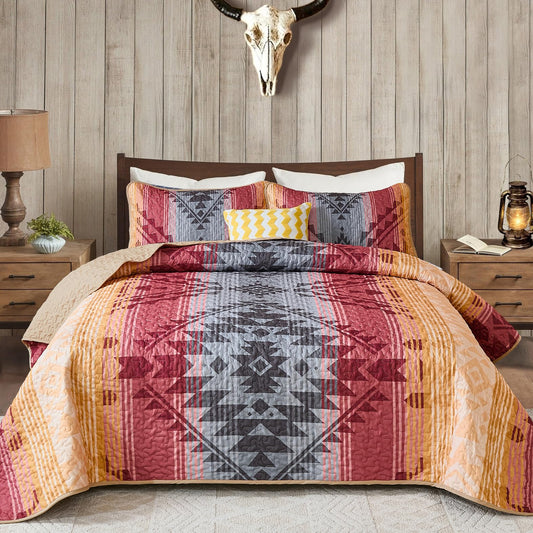 Dintszyayue Red Boho Quilt Set King,3 Pieces Aztec Texture Bedspread Western Quilt Set,Soft Reversible Lightweight Bohemian Coverlet Bedding Set for All Seasons(110"x90")