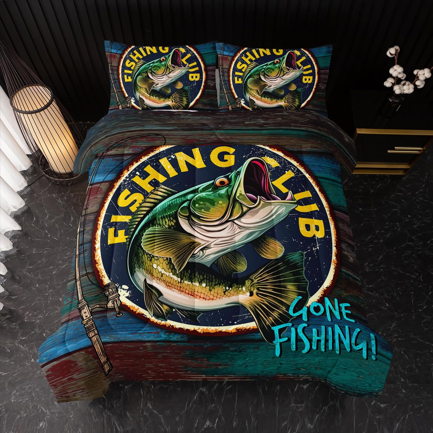 Nttopship Big Pike Fish Bedding, Bass Fishing Comforter Set Hunting and Fishing Themed Comforter Set for Kids Boys Room Decor, Twin Bed in a Bag for Teens with 2 Pillowcases