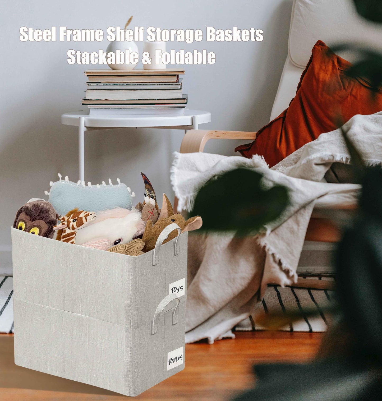 AARAINBOW 4 Pcs Closet Clothes Organizer with Handle, Fabric Storage Box with Steel Frame Stackable Shelf Storage Bins Foldable Fabric Storage Baskets for Organizing Sweater Pants, 23L (B 4 White)
