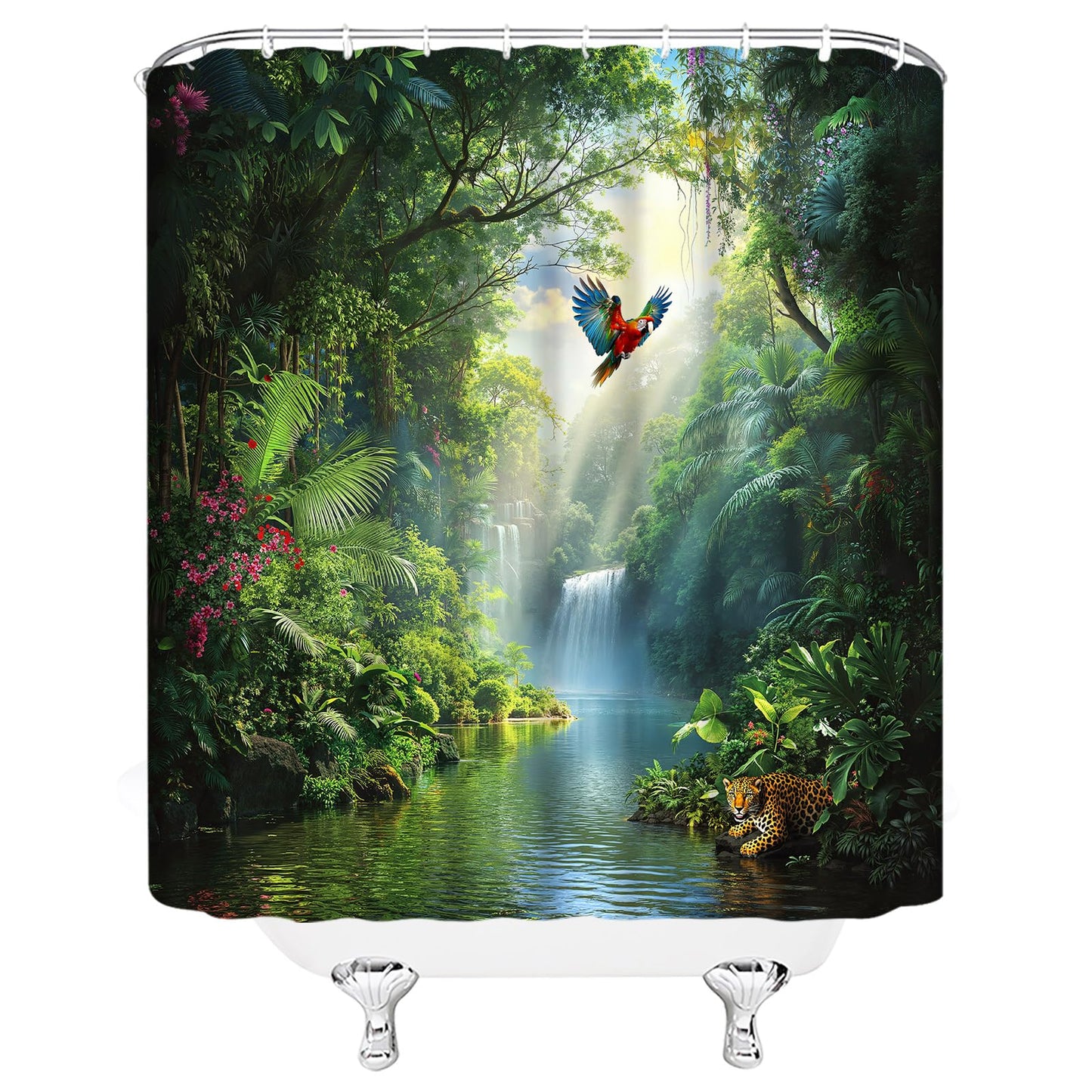 Rainforest Waterfall Shower Curtain Green Nature Forest Waterfall Wild Animal Leopard Parrot Tropical Plant Jungle Scenery Bathroom Fabric Curtain with Hooks,70x70 Inches