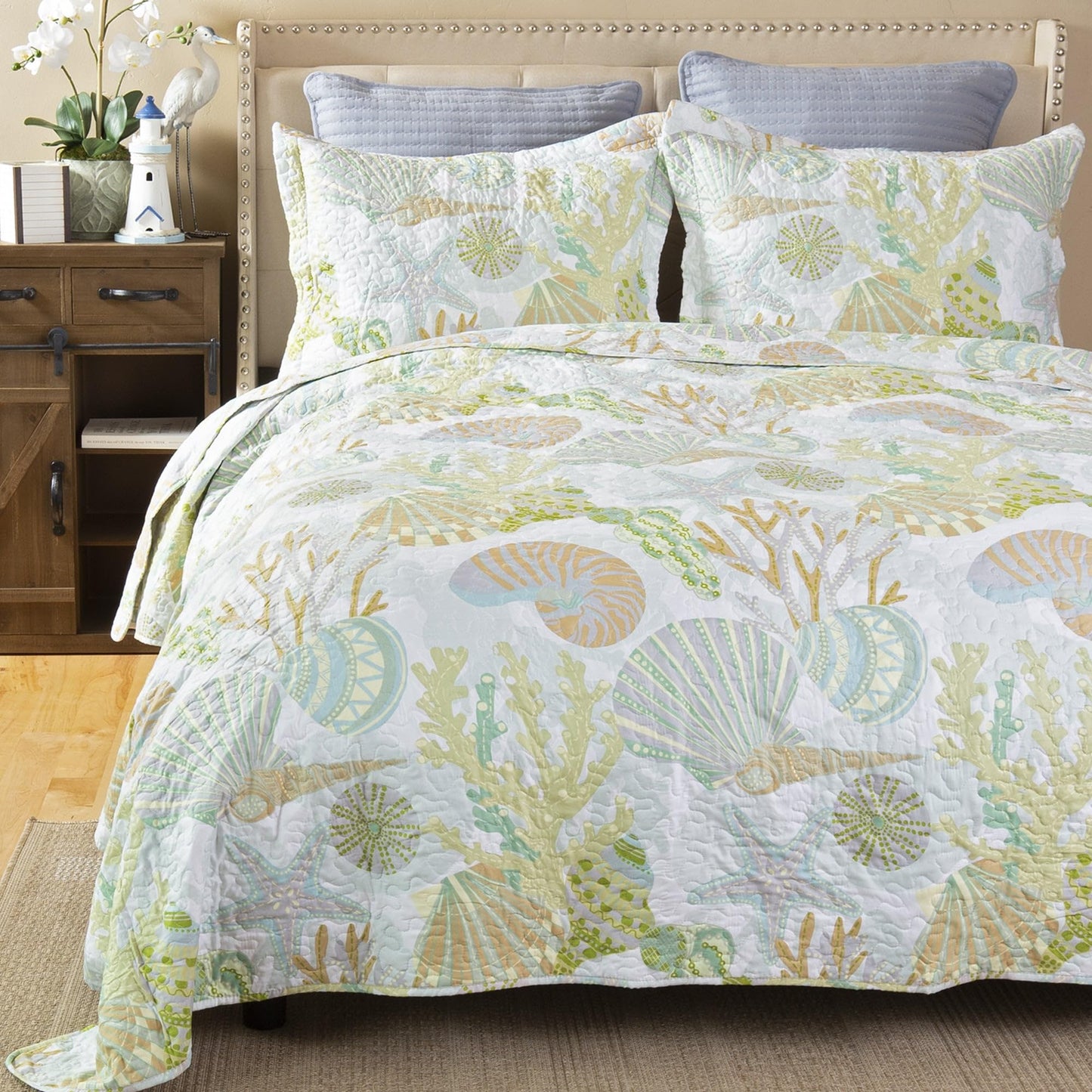 Carstens Coastal Beach Bedding Set, Nautical 3-Piece Microfiber Ocean Quilt, Coastal Reef, King