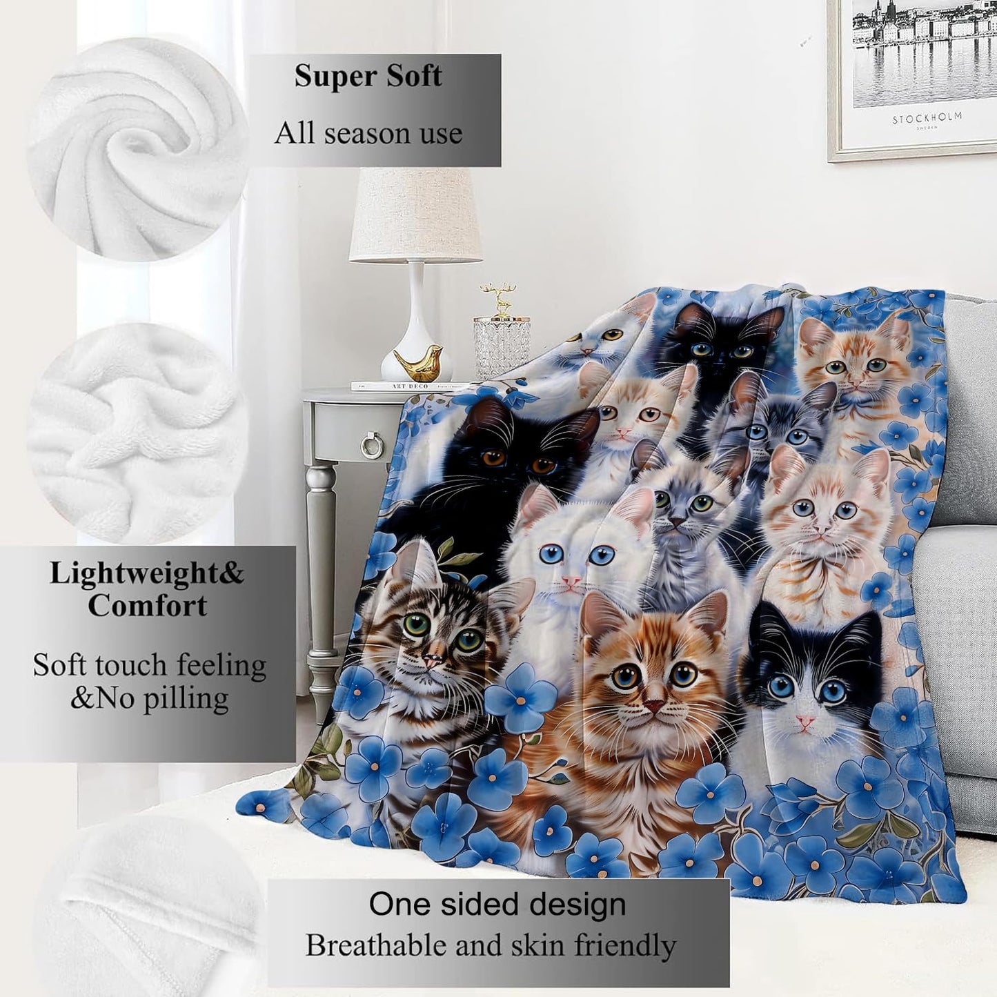 VODRM Cat Blanket Cute Playful Kittens Throw Blankets with Blue Flower,Birthday Gifts for Kids Adult & Animal Lovers,Lightweight Soft Fleece,for Sofa Couch Bed Room Modern Rustic Decor 50x60in