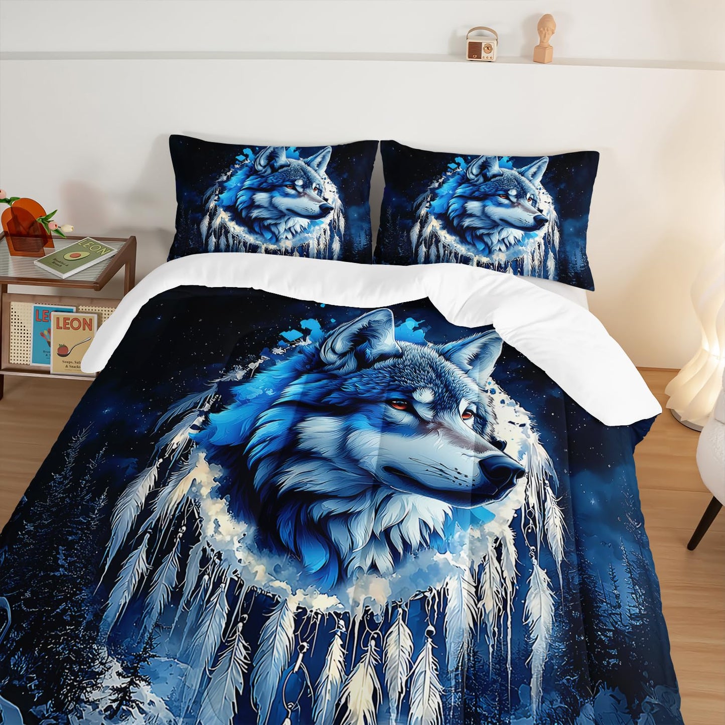 UEVBF Wild Animal Themed Wolf Comforter Set Queen Size,Blue Dream Catcher Snow Scene Bedding Sets for Kids Boys Girls Teens Room Decor,Western Comforter Set with 2 Pillowcases.