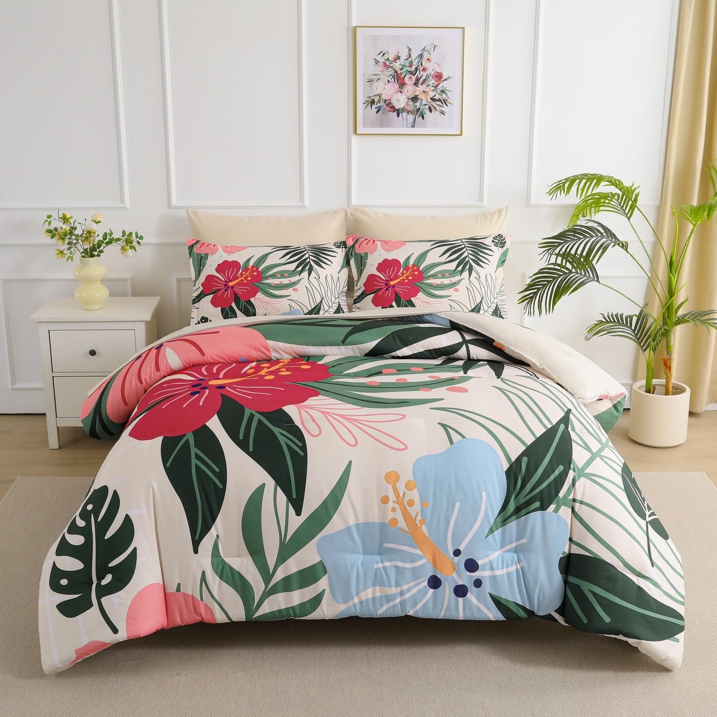 Yogeneg 7 Piece Bed in a Bag Queen Size Comforter Set Beige Bedding Set,Pink Floral Green Leaves Pattern Reversible Design,Soft Microfiber Comforter with Sheet Set,All Season(Beige,Queen)