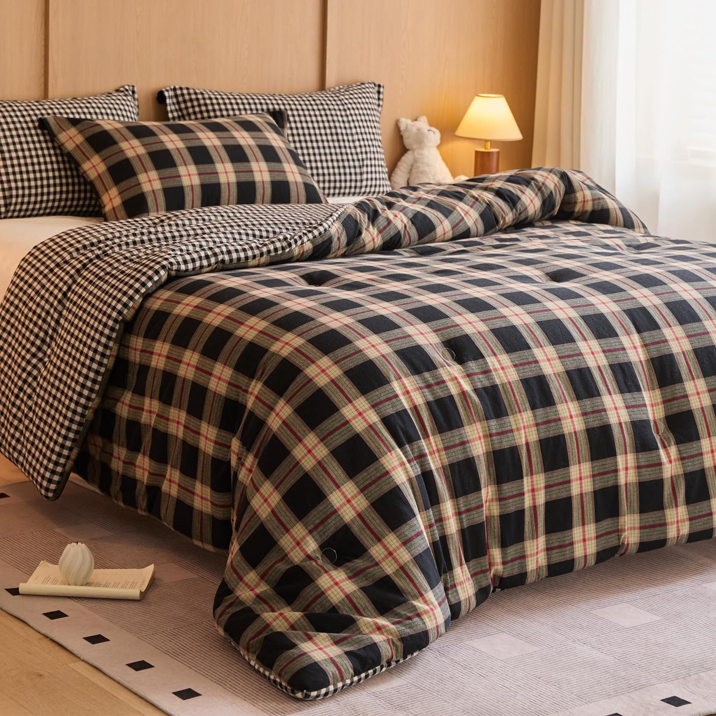 hadamick 100% Cotton Comforter Set Full Size – Reversible Yarn-Dyed Checkered Design, Soft Washed Cotton on Both Sides, Lightweight All-Season Bedding, Machine Washable(Black Red Plaid, 80”x90”)