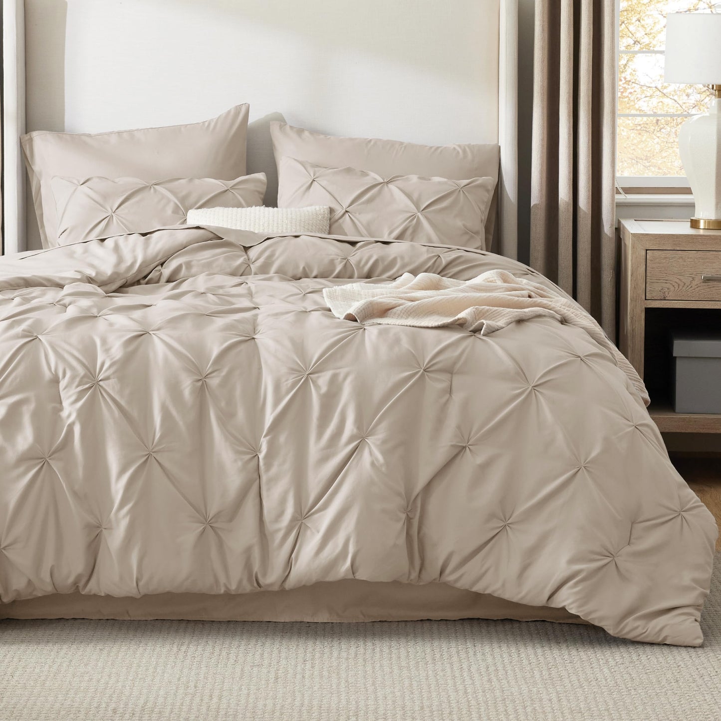 Bedsure Queen Comforter Set Beige - Bed in a Bag Queen Size Bedding 7 Pieces, GentleSoft™ Pintuck Bed Set Gift for Family, All Season Down Alternative Comforter with Sheets, Pillowcases & Shams