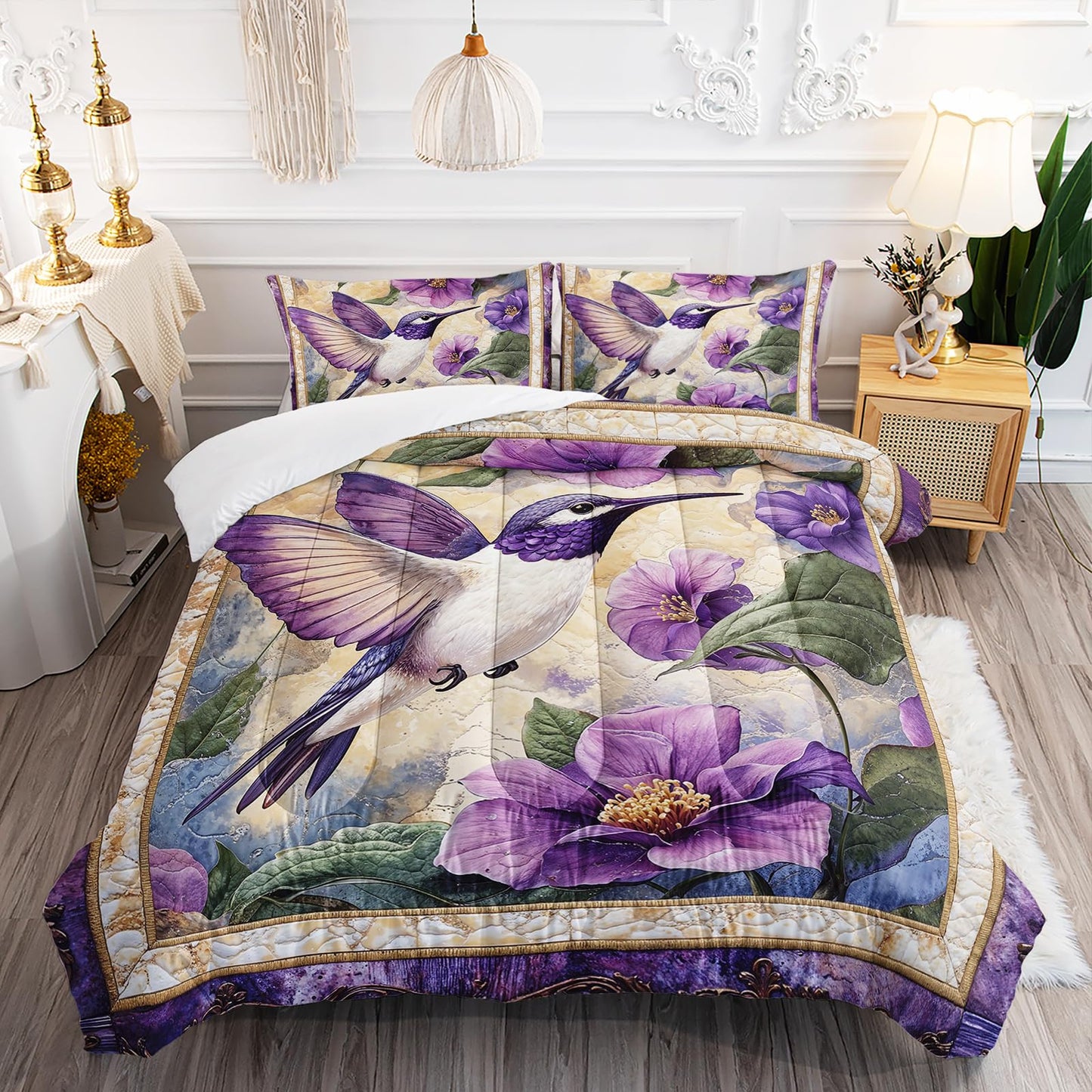 AILONEN Purple Flower Hummingbird Comforter Set Queen Size,Boho Exotic Hummingbird Bedding Set for Girls Women,Beautiful Bird Print Comforter with 2 Pillowcases,3 Pieces
