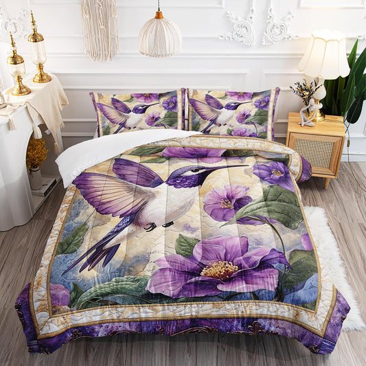 AILONEN Purple Flower Hummingbird Comforter Set Queen Size,Boho Exotic Hummingbird Bedding Set for Girls Women,Beautiful Bird Print Comforter with 2 Pillowcases,3 Pieces