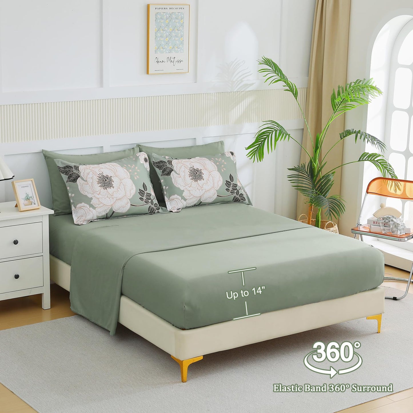 Luxudecor Floral Queen Comforter Set 7 Pieces Bed in a Bag, White Flower Print on Green Bedding Set, Soft Reversible Comforter with Sheet Set 90"x90"