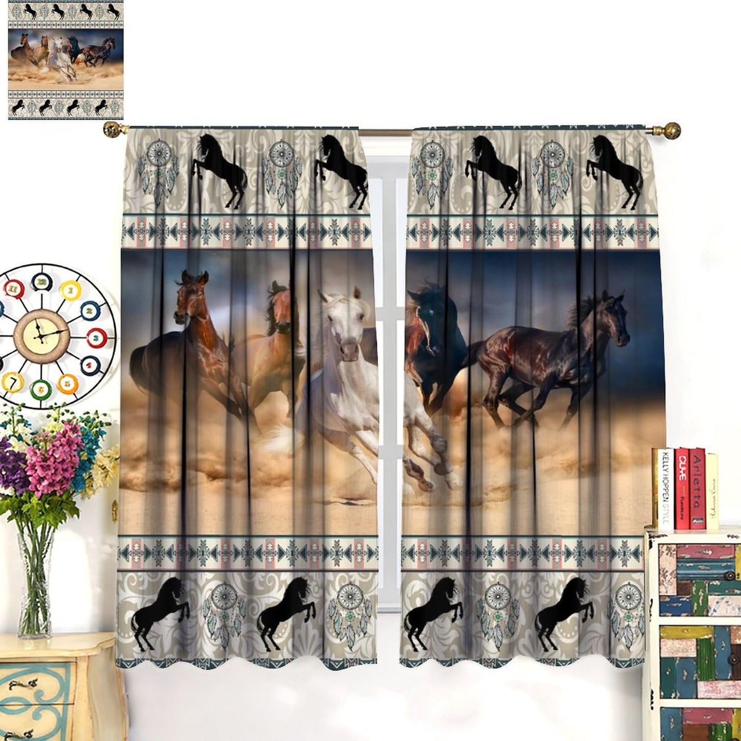 LOMADIA Horse Blackout Curtain, Western Rustic Farmhouse Aztec Style Drapes Farm Animals Run Horse Window 2 Panels Rod Pocket Curtain for Kitchen Living Room Bedroom Office Decor 42x45in