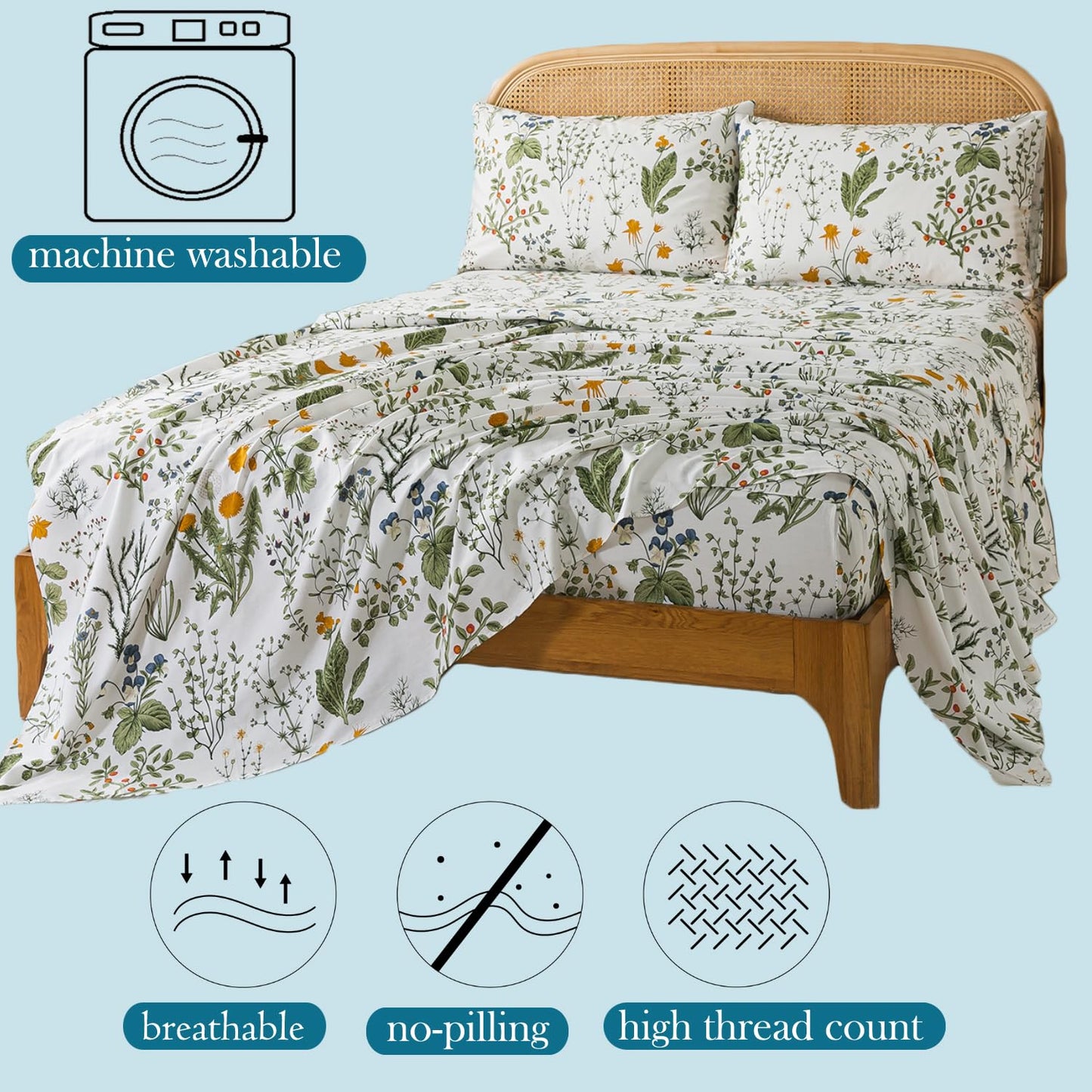 Zusbest Queen Sheet Set 100% Percale Cotton Green Floral Bed Sheet Set Yellow Flower & Green Leaves Botanical Pattern Printed on White Garden Luxury Crisp Soft Deep Pocket Fitted Sheet 17.5'' 4Pcs