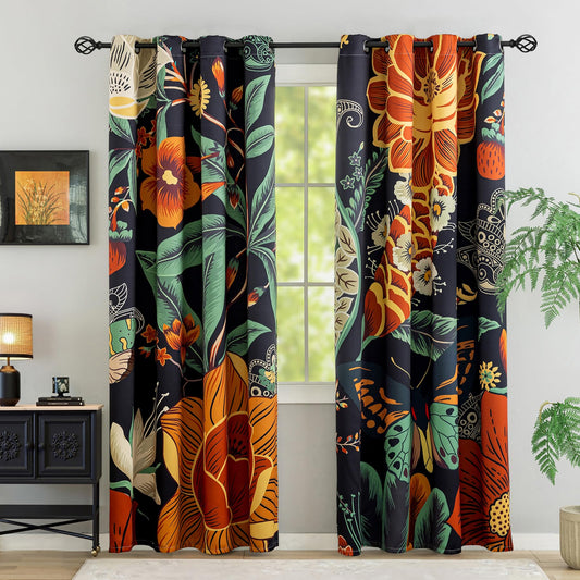 Tyrot Black Boho Floral 100% Blackout Curtains for Bedroom 84 inch Long 2 Panels Vintage Botanical Black Out Curtains for Living Room Grommet Thermal Insulated Room Darkening Window Drapes,52Wx84L