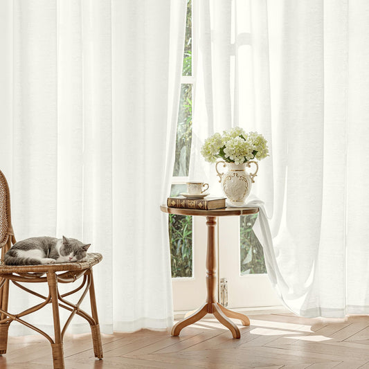 FMFUNCTEX Beige Semi Sheer Curtains for Bedroom, Floral Jacquard Voile Light Filtering Privacy Curtains 84 Inches Long for Living Room, Voile Light Filtering Privacy Window Drapes Rod Pocket 2 Panels