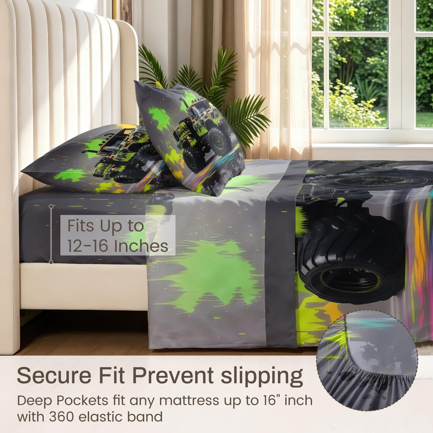 Monster Truck Queen Bedding Set Off Road Sheet Sets, Green