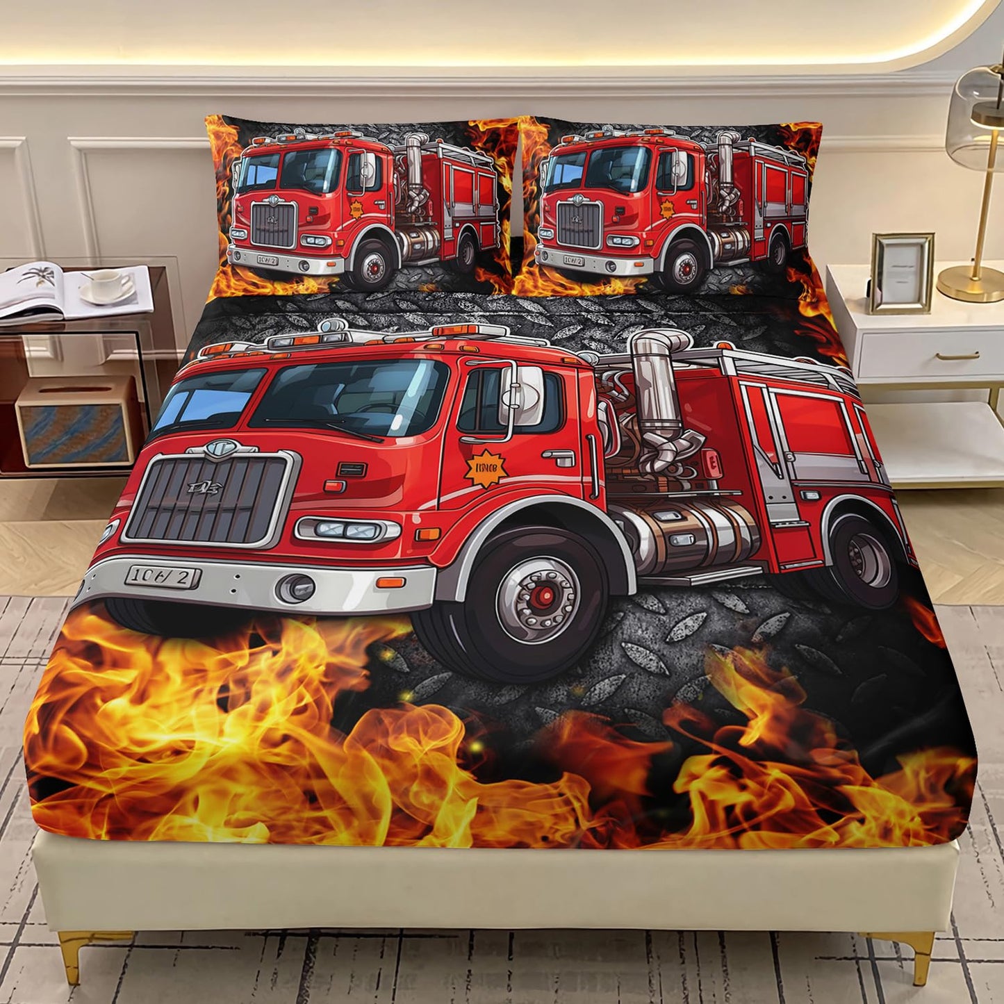 AILONEN Cartoon Red Fire Truck Fitted Sheet Set Twin Size, Fire Rescue Car Bedding Set for Kids,Boys,Girls,Teens,Red Firemen Car Vehicle Bed Sheet Set,3-Piece, 1 Fitted Sheet and 2 Pillowcases