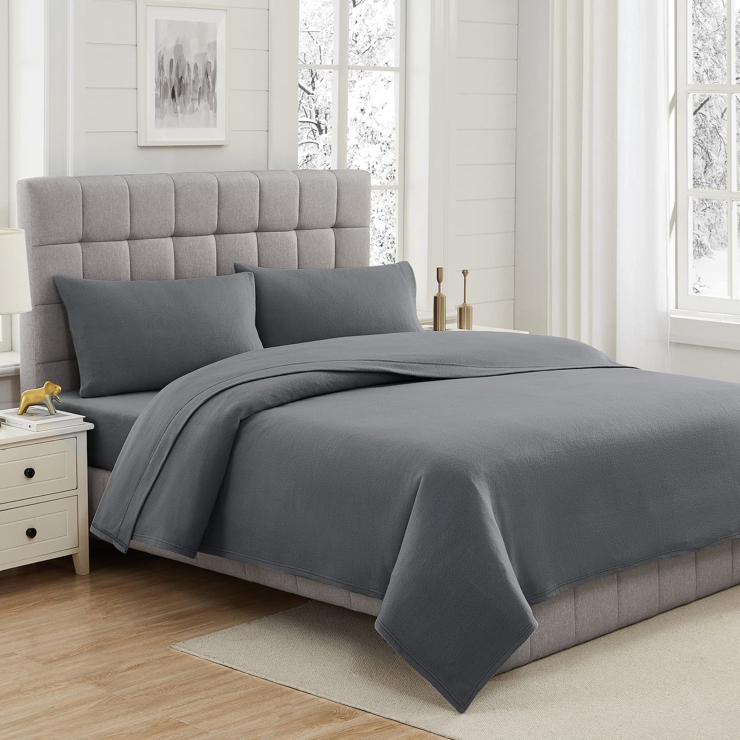 Viviland Plush Micro Fleece Full Bed Sheet Set - Soft Polar Fleece Velvet Sheets - Extra Warm Winter Flannel Bed Sheets with Deep Pocket - Dark Gray - Full