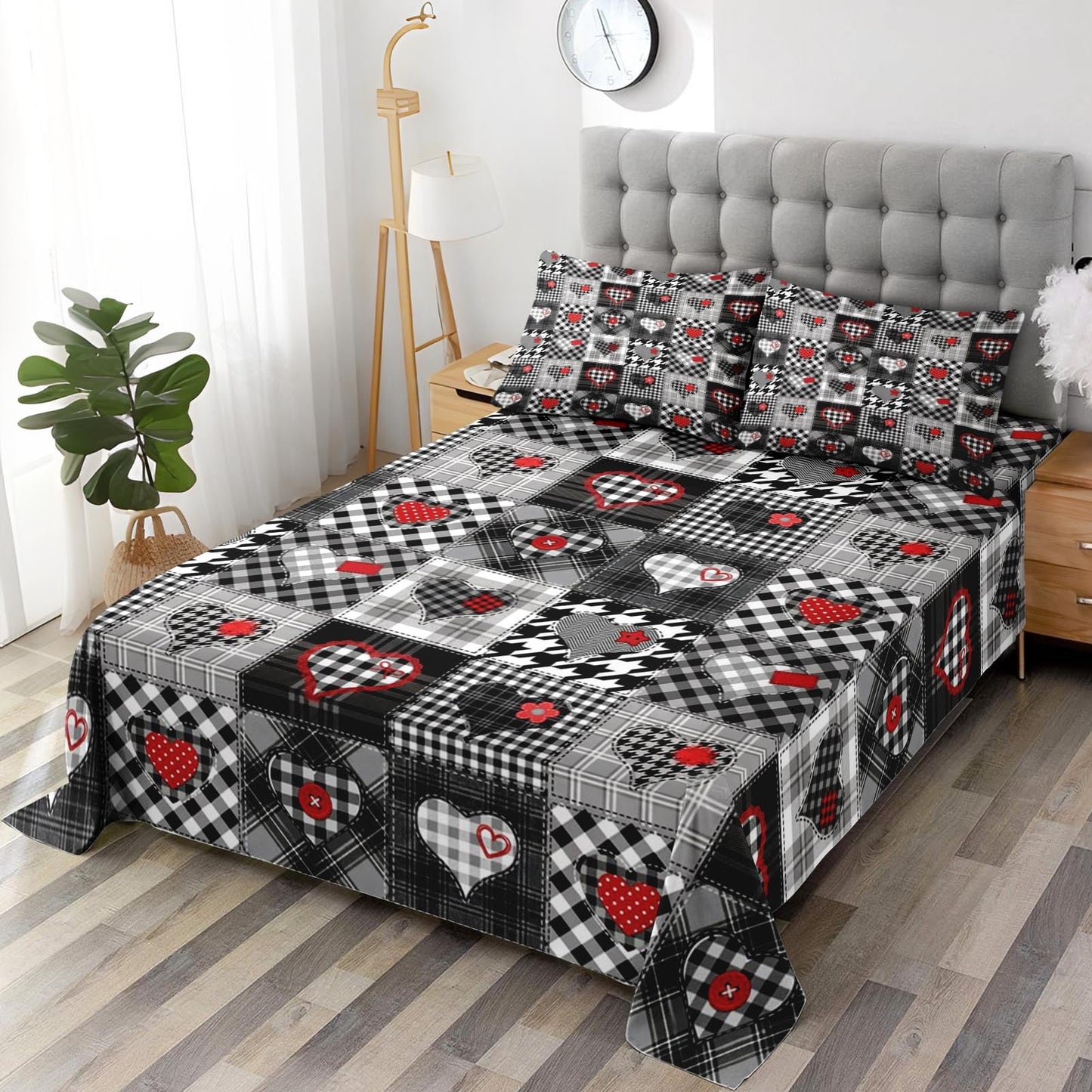 Pamnest Full Size Bed Sheet Sets, Patchwork Plaid Heart Soft Microfiber 4 Pcs Bedding Sets for Kids and Adults Bedroom Bed Decor, Buffalo Check Love Will Flat, Fitted Sheet and 2 Pillowcases