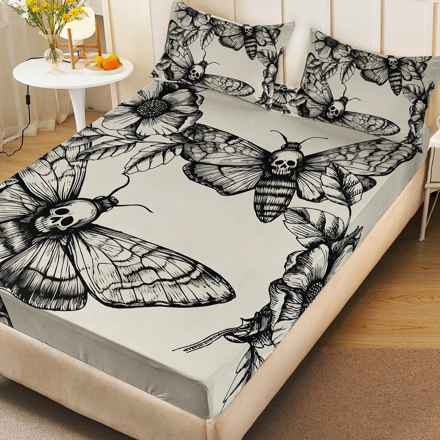 HOSIMA Death Moth Bedding Set for Girls Teen Boy Skull Decor Fitted Sheet Twin Size Halloween Bedding,1 Fitted Sheet+2 Pillowcases.