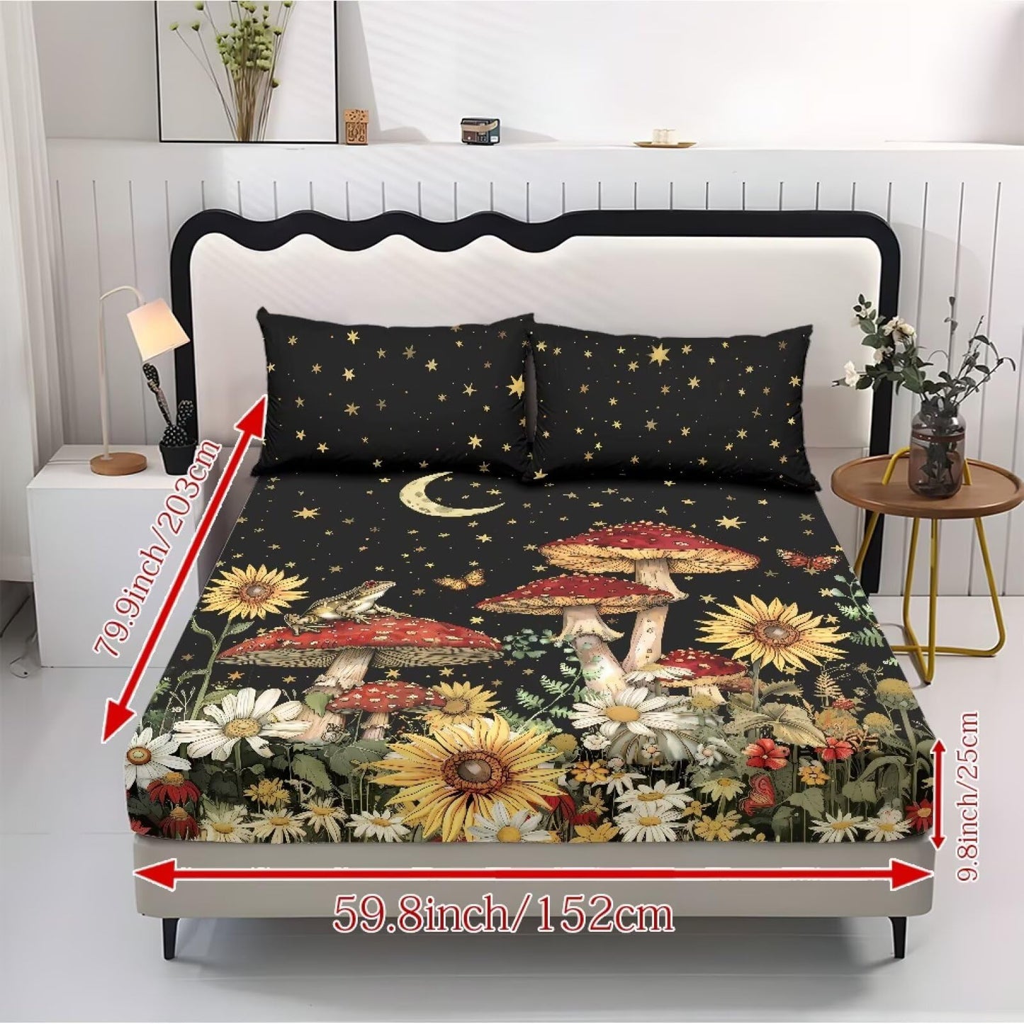 ZDCUSTOM Night Mushroom Bedsheet Sets of 3 Children's Room Decor Fitted Sheet with 2 Pillowcases Twin XL Size Bed Sheets 9.8" Deep Pocket Sunflower Bedding Setsr for Bedroom Decor, 39" x 79"