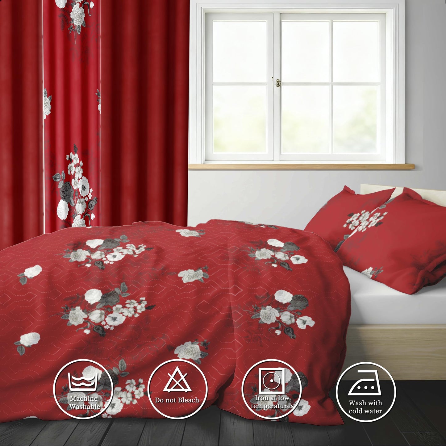 Deepsleep Queen Bedspread Set 9 Pieces, All Season Luxury Bed in a Bag for Bedroom, with 2 Pillowcases and 6 Curtains, Ultra-Soft Microfiber for Complete Bedroom Decor, Red and White Floral