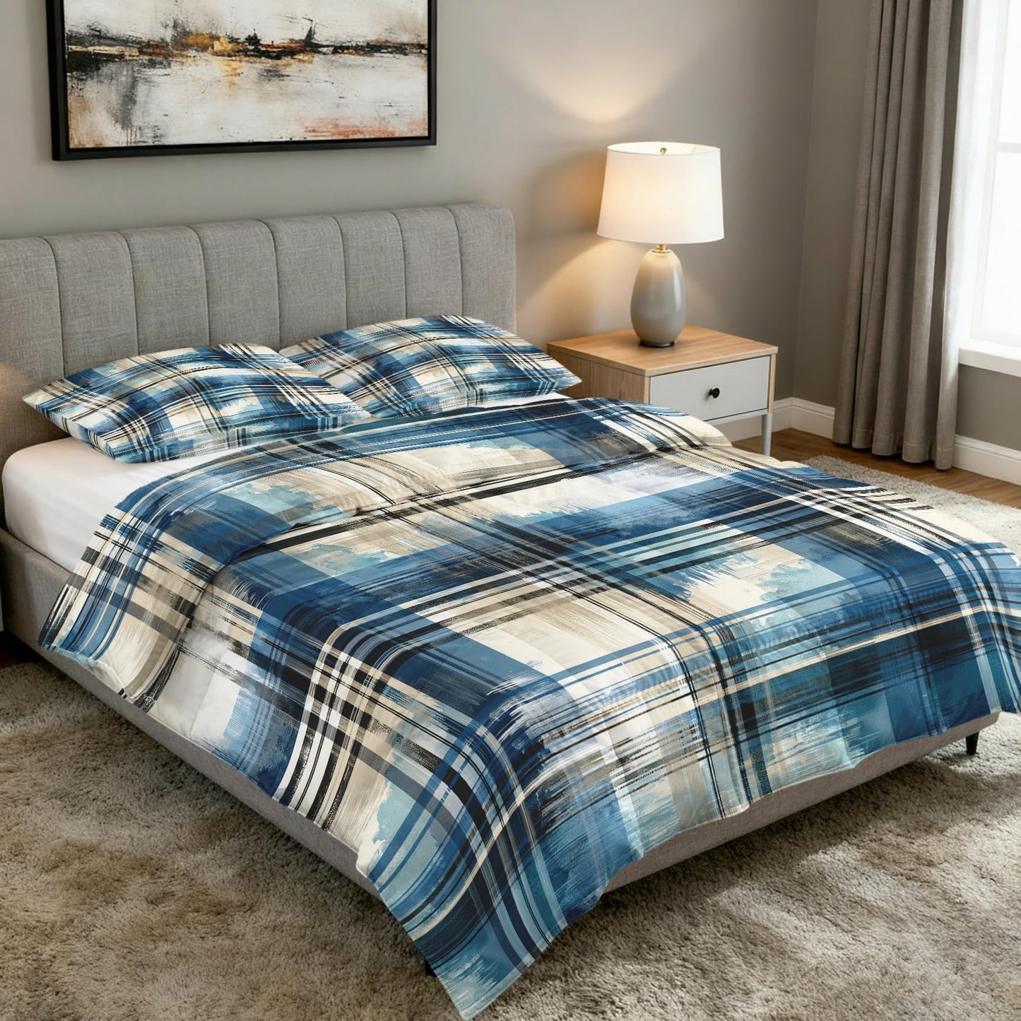 Abstract Plaid Stripe Full Size Comforter Sets 3 Piece