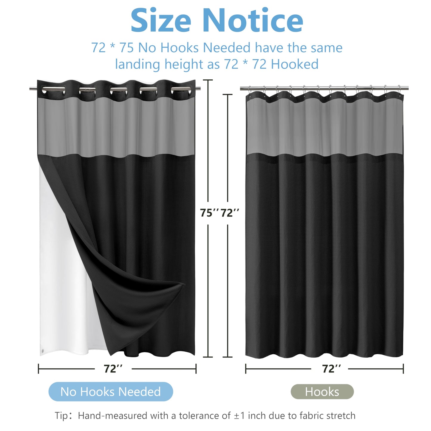 PILOTSHARK No Hook Waffle Weave Shower Curtain Set with Snap-in Fabric Liner and Mesh Top Window,256GSM Heavy Duty Fabric,Black Washable Luxury Shower Curtain for Bathroom Stalls (72x75 Inch)