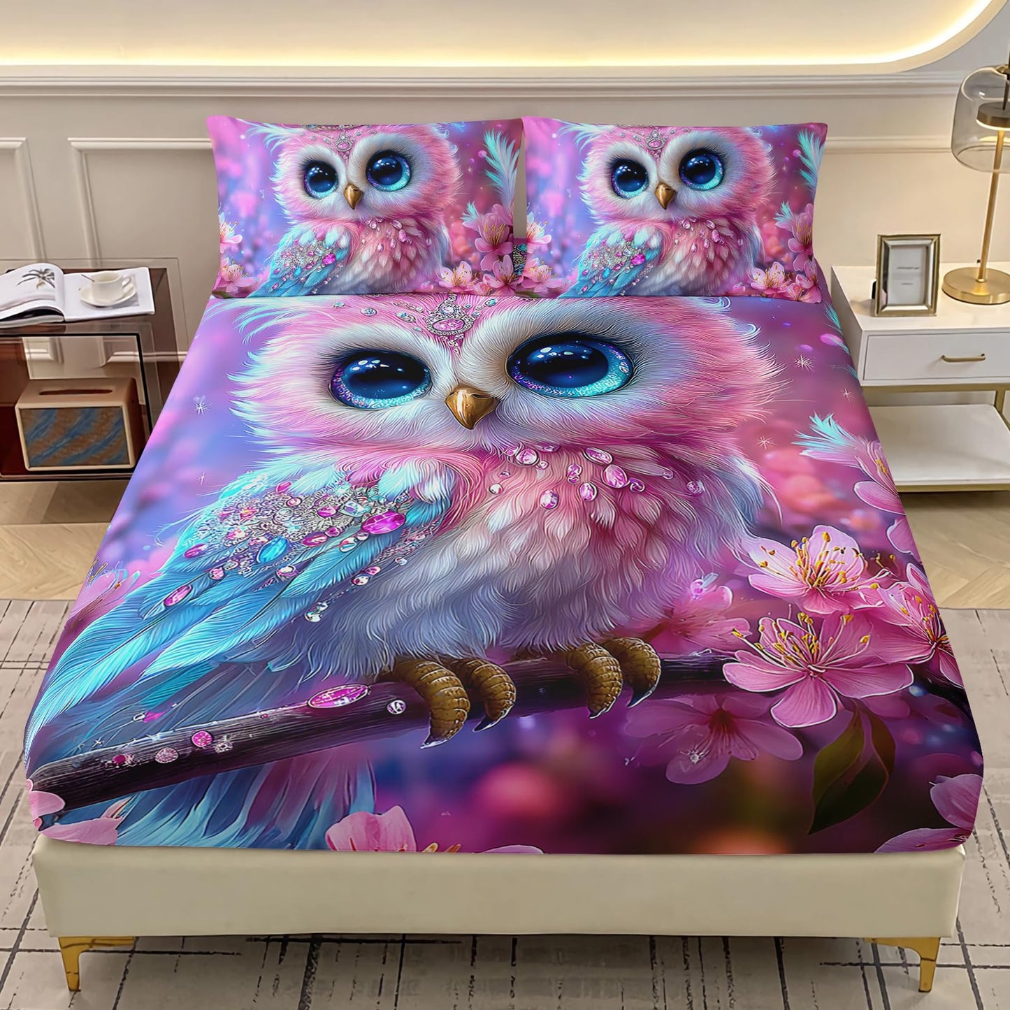 AILONEN Pink Kawaii Owl Fitted Sheet Set Twin XL Size for Girls,Beautiful Floral Bird Fairy Kids Soft Deep Pocket Sheet with 2 Pillowcases,3Pcs Soft Microfiber