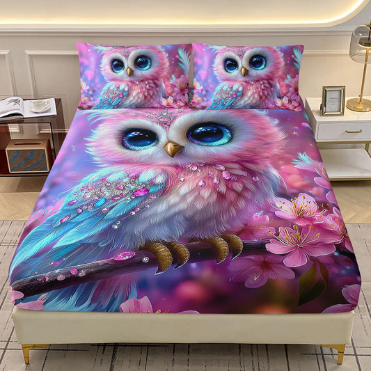 AILONEN Pink Kawaii Owl Fitted Sheet Set Twin XL Size for Girls,Beautiful Floral Bird Fairy Kids Soft Deep Pocket Sheet with 2 Pillowcases,3Pcs Soft Microfiber